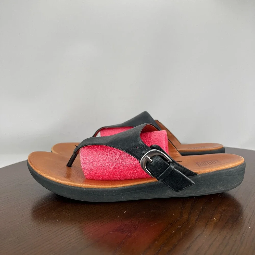 Fitflop Banda Sandal Women's 9 Black Leather Comfort Thong Flip Flop M20-001‎